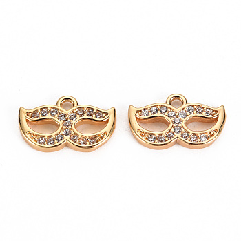 Brass Micro Pave Clear Cubic Zirconia Charms, Nickel Free, Mask, Real 18K Gold Plated, 8x13x2mm, Hole: 1.2mm