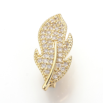 Brass Micro Pave Cubic Zirconia Enhancer Shortener Bails, Hinged Pendant Bails, Feather, Golden, 24x11x9mm, Hole: 2mm