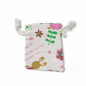 Bunny Burlap Packing Pouches, Drawstring Bags, Rectangle with Rabbit & Flower Pattern, Colorful, 8.7~9x7~7.2cm