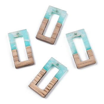 Transparent Resin & White Wood Pendants, Two Tone, Hollow Hollow Rectangle Charms, Cyan, 27~28x14.5x3~4mm, Hole: 1.5mm