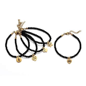 304 Stainless Steel Charm Bracelets, with Rondelle Glass Beads, Faceted, Mixed Shapes, Black, Golden, 6-7/8 inch(17.6cm)