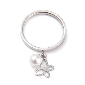 Dual-use Items, 304 Stainless Steel Finger Rings or Pendants, with Plastic Round Beads, Butterfly, White, Stainless Steel Color, US Size 5~9(15.7~18.9mm)