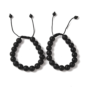 10mm Round Natural Black Onyx(Dyed & Heated) Braided Bead Bracelets, Adjustable Nylon Cord Bracelets for Women Men, Inner Diameter: 1-3/4~2-7/8 inch(4.6~7.4cm)