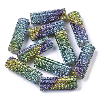 Plastic Beads, with Crystal Rhinestone and Seed Beads, Column, Turquoise, 31x10mm, Hole: 2mm