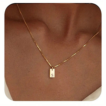 304 Stainless Steel Box Chain Necklaces, 201 Stainless Steel Rectangle Initial Pendant Necklaces for Women Ion Plating(IP),  Real 18K Gold Plated, Letter S, 15.75 inch(40cm)