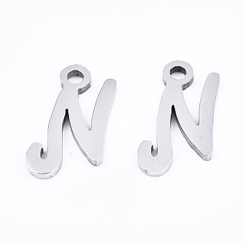 201 Stainless Steel Charms, Laser Cut, Alphabet, Stainless Steel Color, Letter.N, 12.5x6.5x1mm, Hole: 1.4mm