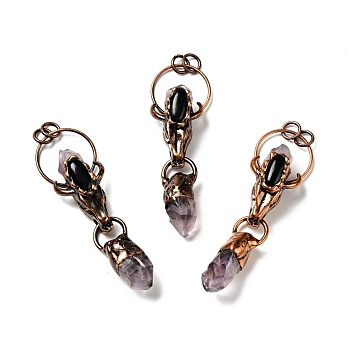 Natural Amethyst & Black Onyx Nuggets Big Pendants, Large Hole Pendants, with Red Copper Tone Brass Findings, Cadmium Free & Lead Free, Cattle Head with Bullet, Mixed Dyed and Undyed, 89~94x28.5~29x18~20mm, Hole: 7mm