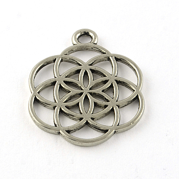 Tibetan Style Flower Alloy Pendants, Seed of Life/Sacred Geometry, Cadmium Free & Lead Free, Antique Silver, 25x20x1mm, Hole: 2mm, about 690pcs/1000g