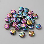 Electroplated Glass Beads, Rainbow Plated, Flat Round with Initial Letter Pattern, Letter E, 10x5mm, Hole: 1mm(GLAA-WH0038-29E)