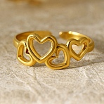Adjustable 304 Stainless Steel Cuff Rings for Women, Hollow, Heart, Golden, 8mm(RJEW-F199-03G)