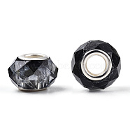 Transparent Resin European Beads, Imitation Crystal, Two-Tone Large Hole Beads, with Silver Tone Brass Double Cores, Faceted, Rondelle, Black, 14x8.5mm, Hole: 5mm(RPDL-T003-08A)