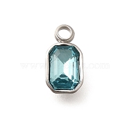 304 Stainless Steel Pendants, with Rhinestone, Stainless Steel Color, Rectangle, Aquamarine, 10.5x5.5x3.5mm, Hole: 1.8mm(STAS-Q346-03P-03)