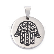 304 Stainless Steel Pendants, with Enamel, Polishing, Flat Round with Hamsa Hand/Hand of Miriam, Stainless Steel Color, 25x3mm, Hole: 7.5x5mm(STAS-Z027-05P)