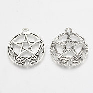 Tibetan Style Alloy Pentacle Pendants, Wicca Pendants, Flat Round with Pentagram Star, Antique Silver, 30.5x26x1.5mm, Hole: 2mm(X-TIBEP-T004-88AS)