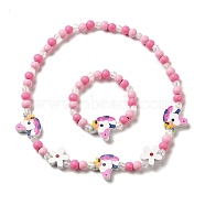 Maple Wood & Acrylic Jewelry Set, Beaded Necklace & Stretch Bracelet for Kids, Unicorn, Bracelet: Inner Diameter: 1-3/4 inch(4.3cm), Necklace: 16-3/4 inch(42.4cm)(SJEW-C003-02S)