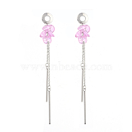 304 Stainless Steel Dangle Stud Earring, with Cable Chains, Cubic Zirconia Charms and Ear Nuts, Pearl Pink, 76.5mm, Pin: 0.8mm(EJEW-JE04140-02)