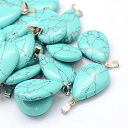 Teardrop Dyed Synthetic Turquoise Pendants, with Platinum Tone Brass Findings, 25~29x16~17x5~6mm, Hole: 2x7mm(G-Q368-14)