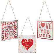 Valentine's Day Theme, Density Board Hanging Wall Decorations for Front Door Home Decoration, with Clasp and Jute Twine, Square with Word, Mixed Patterns, 15x15x0.5mm, Hole: 4.5mm, 3 patterns, 1set/pattern, 3sets/bag(AJEW-FG0001-29)