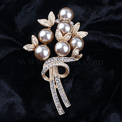 Exquisite Flower Alloy Rhinestone Brooch, ABS Plastic Pearl Lapel Pin for Girl Women, Golden, 70x45mm(PW-WG7FC23-02)