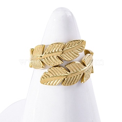 304 Stainless Steel Open Cuff Ring for Women, Leaf, Real 18K Gold Plated, 14.5mm, Inner Diameter: 18.2mm(RJEW-Z083-02G-03)