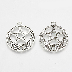 Tibetan Style Alloy Pentacle Pendants, Wicca Pendants, Flat Round with Pentagram Star, Antique Silver, 30.5x26x1.5mm, Hole: 2mm(X-TIBEP-T004-88AS)