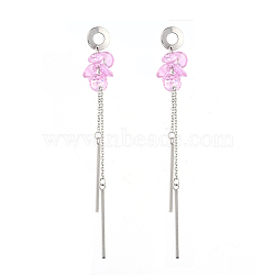 304 Stainless Steel Dangle Stud Earring, with Cable Chains, Cubic Zirconia Charms and Ear Nuts, Pearl Pink, 76.5mm, Pin: 0.8mm(EJEW-JE04140-02)