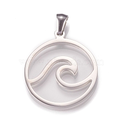 304 Stainless Steel Pendants, Laser Cut, Flat Round with Wave, Stainless Steel Color, 27.5x24x2mm, Hole: 7x4mm(STAS-N096-01P)
