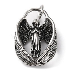 Ion Plating(IP) 304 Stainless Steel Pendants, with Jump Ring, Praying Angel Charm, Antique Silver, 38x25.5x9mm, Hole: 6.5mm(STAS-D067-05AS)