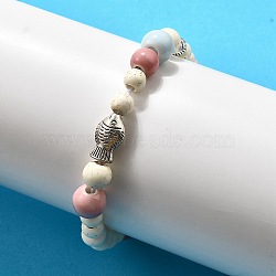 Porcelain Beads & Synthetic Howlite Beads Stretch Bracelets for Women, with Alloy Fish & Synthetic Howlite Starfish Charm, Mixed Color, Inner Diameter: 2 inch(5cm)(BJEW-D307-02A)