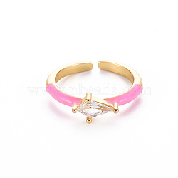 Brass Enamel Cuff Rings, Open Rings, Solitaire Rings, with Clear Cubic Zirconia, Nickel Free, Rhombus, Golden, Pearl Pink, US Size 7(17.3mm)(RJEW-T016-28E-NF)