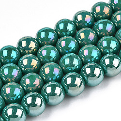 Electroplate Opaque Glass Beads Strands, AB Color Plated, Round, Dark Cyan, 9.5~10mm, Hole: 1.5mm, about 40~42pcs/strand, 14.76~15.12 inch(37.5~38.4cm)(GLAA-T032-P10mm-AB12)