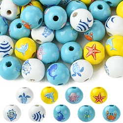 45Pcs 9 Styles Natural Wood European Beads, Ocean Series 16MM Printed lotus Beads, Large Hole Beads, Mixed Color, 16x15mm, Hole: 4mm, 5pcs/style(WOOD-FS0001-27)