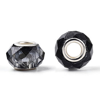 Transparent Resin European Beads, Imitation Crystal, Two-Tone Large Hole Beads, with Silver Tone Brass Double Cores, Faceted, Rondelle, Black, 14x8.5mm, Hole: 5mm