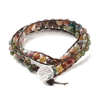 Natural Indian Agate Round Beads 2 Raw Wrap Bracelet, Tree of Life Charm Leather Wrap Bracelet for Girl Women, 16-1/2 inch(42cm)