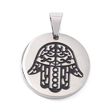 304 Stainless Steel Pendants, with Enamel, Polishing, Flat Round with Hamsa Hand/Hand of Miriam, Stainless Steel Color, 25x3mm, Hole: 7.5x5mm