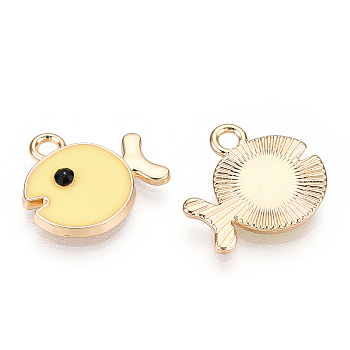 Light Gold Plated Alloy Pendants, with Enamel, Fish, Champagne Yellow, 14x15x2mm, Hole: 1.6mm