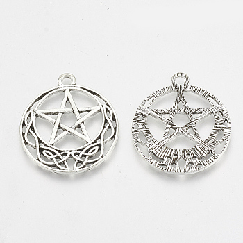 Tibetan Style Alloy Pentacle Pendants, Wicca Pendants, Flat Round with Pentagram Star, Antique Silver, 30.5x26x1.5mm, Hole: 2mm