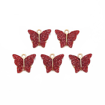 Resin Pendants, with Glitter Powder and Light Gold Plated Alloy Findings, Cadmium Free & Lead Free, Butterfly, , Dark Red, 14x16x3.5mm, Hole: 1.6mm