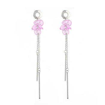 304 Stainless Steel Dangle Stud Earring, with Cable Chains, Cubic Zirconia Charms and Ear Nuts, Pearl Pink, 76.5mm, Pin: 0.8mm