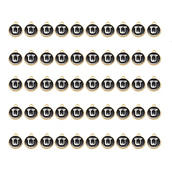 Golden Plated Alloy Charms, with Enamel, Enamelled Sequins, Flat Round, Black, Letter.U, 14x12x2mm, Hole: 1.5mm, 50pcs/Box