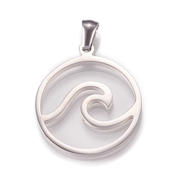 304 Stainless Steel Pendants, Laser Cut, Flat Round with Wave, Stainless Steel Color, 27.5x24x2mm, Hole: 7x4mm