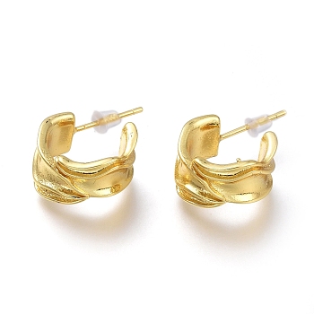 Brass Half Hoop Earrings, with Steel Pin and Plastic Ear Nuts, Long-Lasting Plated, Textured, Real 18K Gold Plated, 14mm, Pin: 0.7mm