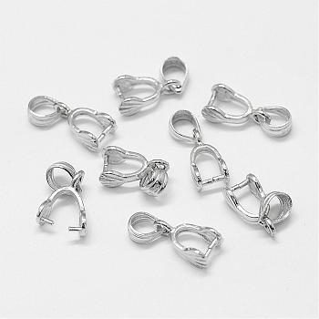 Rhodium Plated 925 Sterling Silver Pendant Bails, Ice Pick & Pinch Bails, Platinum, 15mm, Hole: 4x5mm, Pin: 0.8mm