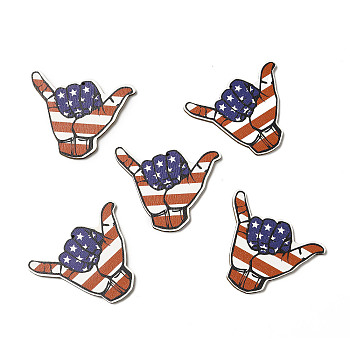 American Flag Theme Single Face Printed Aspen Wood Gesture Big Pendants, Shaka Sign Charm, Chocolate, 43.5x55x2.5mm, Hole: 1.6mm