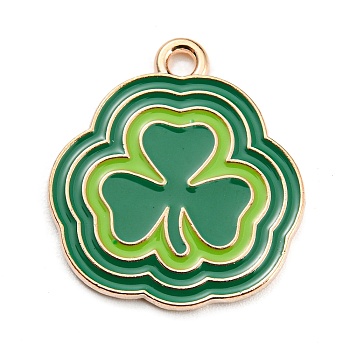 Saint Patrick's Day Alloy Enamel Pendants, Light Gold, Clover Charm, Green, 22x20x1mm, Hole: 2mm