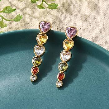304 Stainless Steel Colorful Cubic Zirconia Tassel Stud Earrings, Real 18K Gold Plated, Heart, 40x8.5mm