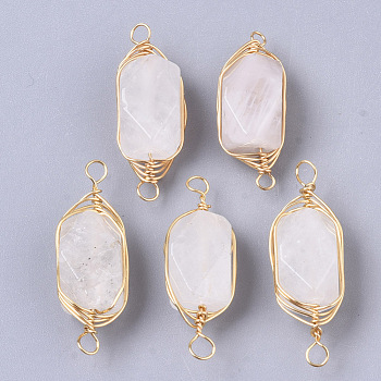 Natural Quartz Crystal Links Connectors, Rock Crystal, Brass Wire Wrapped Links, Faceted, Column, Golden, 22.5~32x9~12x8~9mm, Hole: 1.2mm