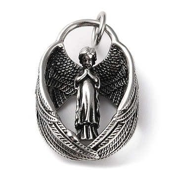 Ion Plating(IP) 304 Stainless Steel Pendants, with Jump Ring, Praying Angel Charm, Antique Silver, 38x25.5x9mm, Hole: 6.5mm