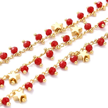 3.28 Feet Handmade Faceted Round Glass Beaded Chains, with Brass Star Charms, Soldered, Long-Lasting Plated, Golden, Red, 2.5x1.5x0.5mm