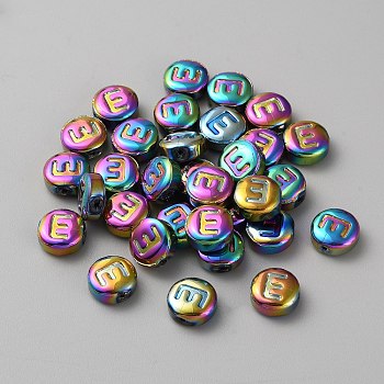 Electroplated Glass Beads, Rainbow Plated, Flat Round with Initial Letter Pattern, Letter E, 10x5mm, Hole: 1mm